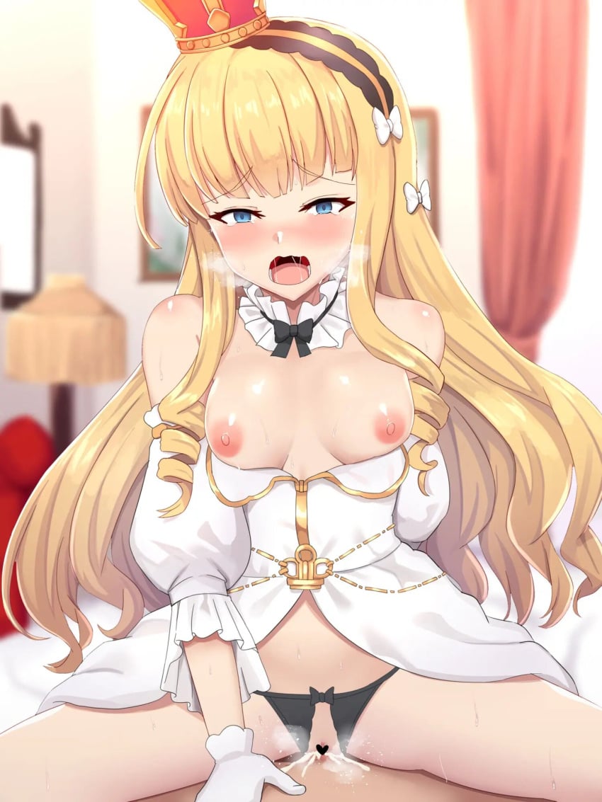 1boy 1boy1girl 1girls areolae azur_lane blonde_hair blue_eyes blurry blurry_background blush breasts breasts_out censored commentary_request cowgirl_position crotchless crotchless_panties eyebrows_visible_through_hair female gloves gritted_teeth hair_ribbon hairband highres lidded_eyes long_hair looking_at_viewer nipples open_mouth pale-skinned_female pale_skin panties partially_clothed pleasure_face pov pussy pussy_juice pussy_juice_drip queen_elizabeth_(azur_lane) saliva_string sex shin'yashiki small_breasts solo straddling sweat underwear vaginal_sex