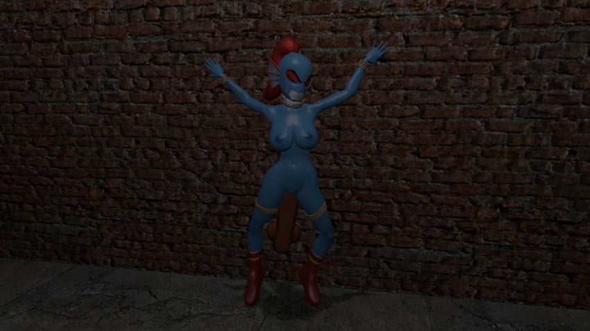 1girls 3d blue_body blue_skin bondage boots boots_only bound breasts brick_wall bricks closed_eyes collar female fish forced garry's_mod long_hair nipples nude rape red_hair rope rope_bondage sex stuck tape tape_gag taped_mouth undertale undertale_(series) undyne vaginal_penetration wall yellow_eyes