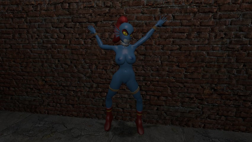 1girls 3d angry anitrode blue_body blue_skin bondage boots boots_only bound breasts brick_wall bricks collar female female_only forced garry's_mod long_hair nipples nude rape red_hair rope rope_bondage solo stuck tape tape_gag taped_mouth undertale undertale_(series) undyne wall yellow_eyes