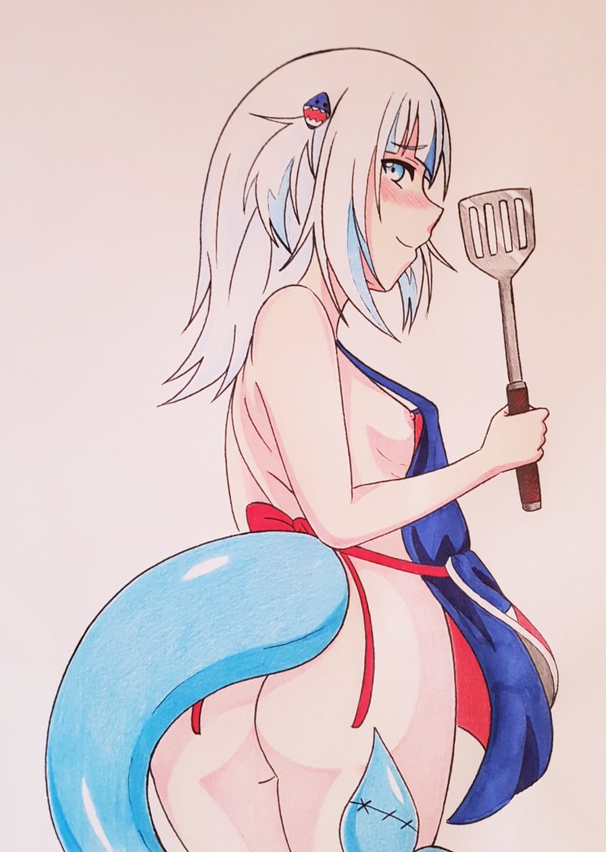 1girls apron apron_only ass blush breasts butt gawr_gura hololive hololive_english hololive_myth naked_apron nipples shark_girl shark_tail sideboob small_breasts spatula tagme virtual_youtuber white_hair xxsgtcampbell