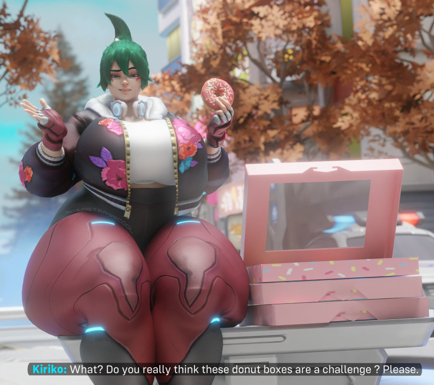 3d asian_female ass_bigger_than_head ass_bigger_than_torso big_ass big_breasts big_butt black_jacket blizzard_entertainment bottom_heavy box_of_donuts chubby_female coolmaster98 donut earphones english_text gloves green_hair hyper_ass hyper_butt hyper_thighs kiriko_(overwatch) overwatch overweight short_jacket short_shorts shorts sitting thick_ass tight_pants