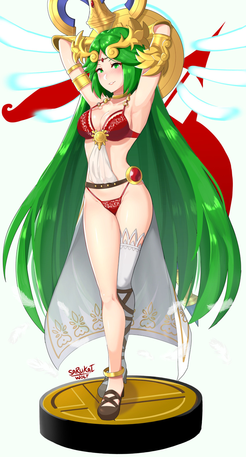 1girls amiibo belt bra choker collar female female_only fully_clothed goddess green_eyes green_hair high_heels highleg highleg_panties kid_icarus lingerie long_hair looking_at_viewer milf nintendo palutena panties red_lingerie revealing_clothes sarukaiwolf shield skimpy_clothes solo staff tiara