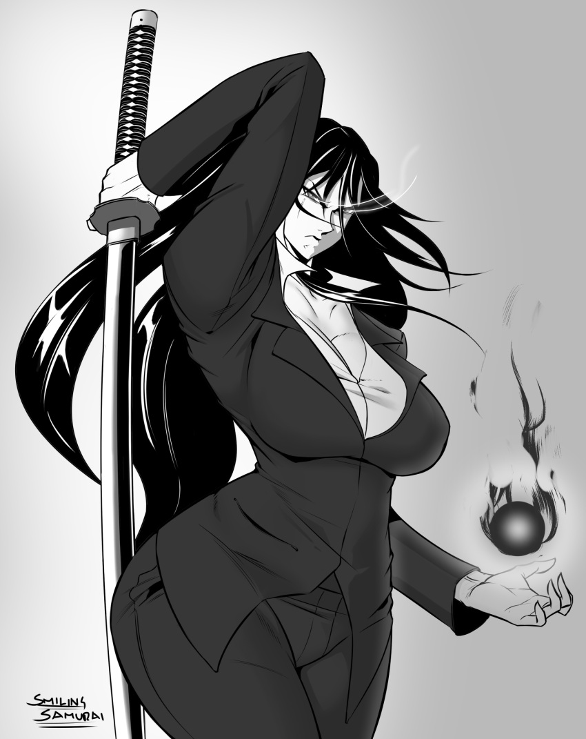 1girls armpits eyeglasses female female_only gazing glasses katana magic oc original original_character school_teacher smiling_samurai sword teacher