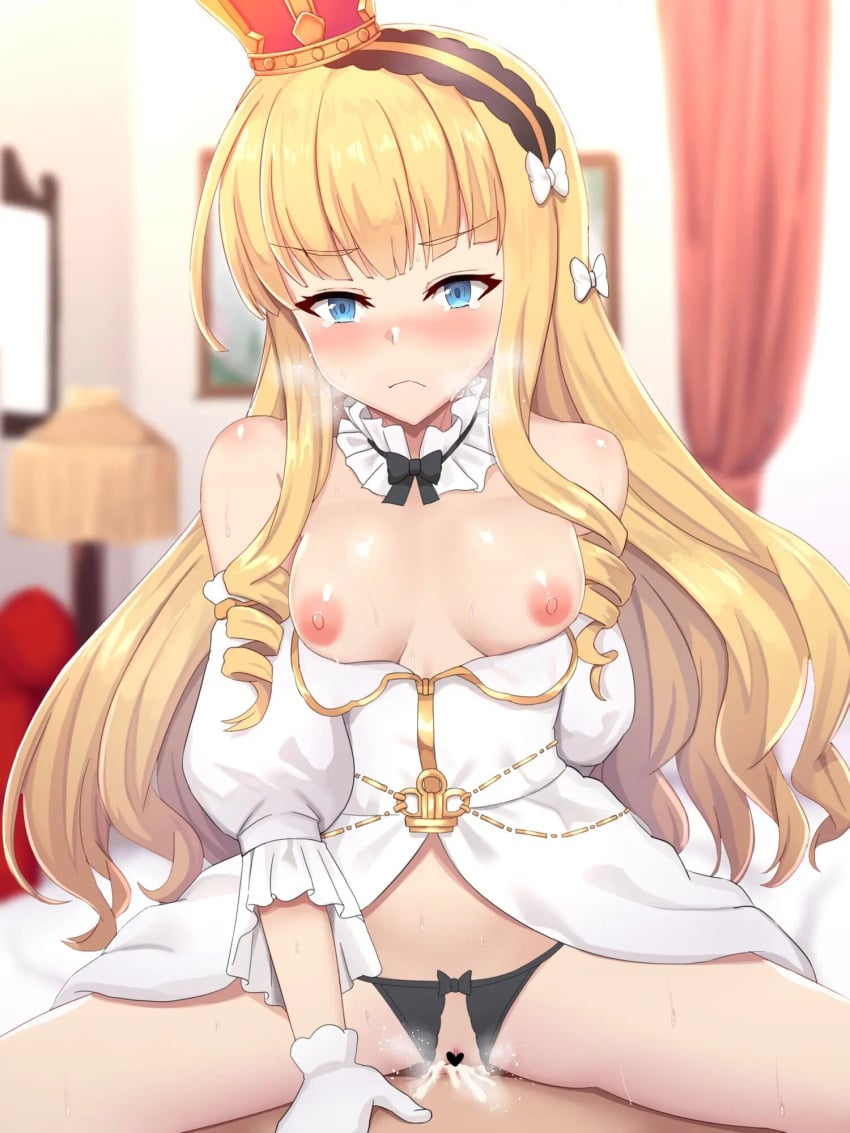 1boy 1boy1girl 1girls areolae azur_lane blonde_hair blue_eyes blurry blurry_background blush breasts breasts_out censored commentary_request cowgirl_position crotchless crotchless_panties eyebrows_visible_through_hair female gloves gritted_teeth hair_ribbon hairband highres long_hair looking_at_viewer nipples open_mouth pale-skinned_female pale_skin panties partially_clothed pov pussy pussy_juice pussy_juice_drip queen_elizabeth_(azur_lane) sex shin'yashiki small_breasts solo straddling sweat underwear vaginal_sex