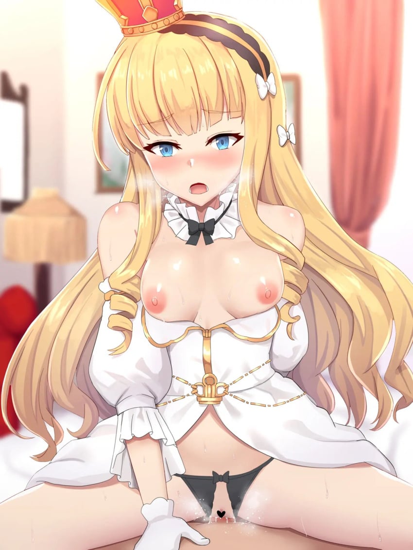 1boy 1boy1girl 1girls areolae azur_lane blonde_hair blue_eyes blurry blurry_background blush breasts breasts_out censored commentary_request cowgirl_position crotchless crotchless_panties eyebrows_visible_through_hair female gloves hair_ribbon hairband highres lidded_eyes long_hair looking_at_viewer nipples open_mouth pale-skinned_female pale_skin panties partially_clothed pov pussy pussy_juice pussy_juice_drip queen_elizabeth_(azur_lane) sex shin'yashiki small_breasts solo straddling sweat underwear vaginal_sex