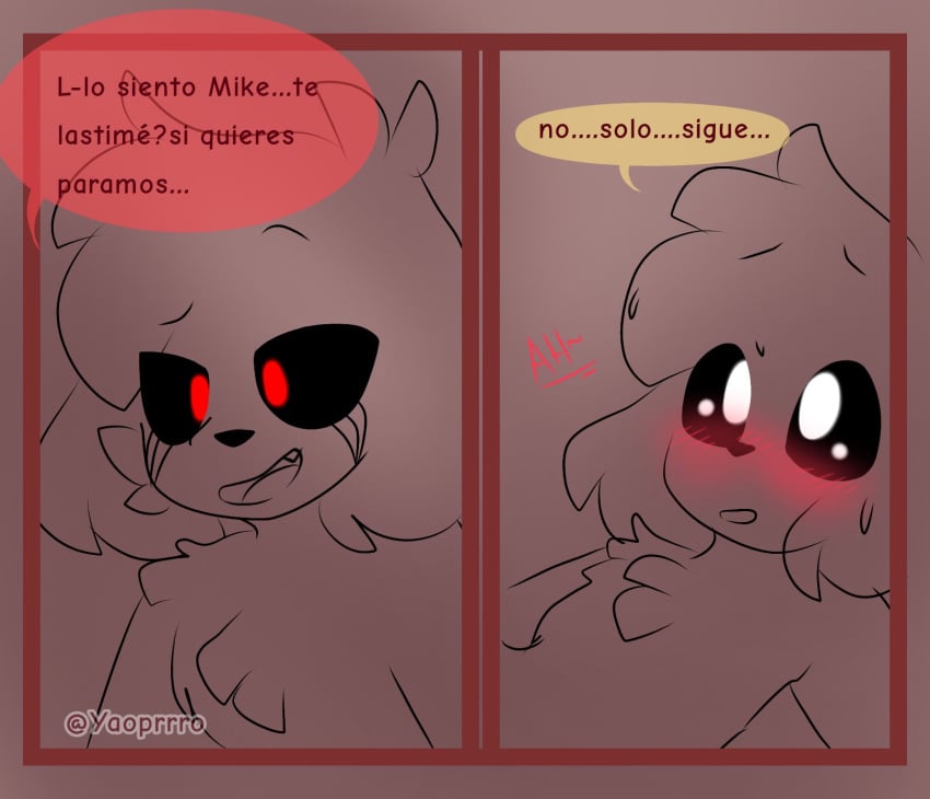 bed blush canine continuation domestic_dog duo fur furry gay grey_background los_compas male male/male mikecrack mikecrack.exe minecraft_youtubers size_difference spanish_text sweat text yaoprrro youtube_hispanic youtuber