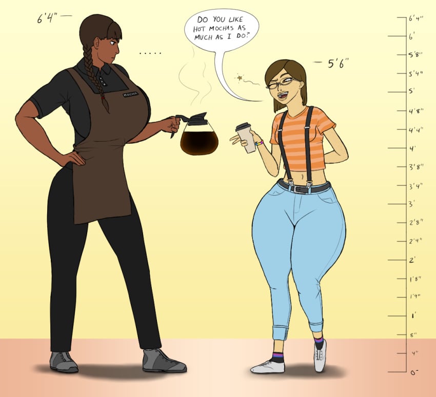 apron carolina_(sparklinglava) coffee coffee_cup height_difference mocha_(sparklinglava) sparklinglava tagme talking_to_another text wide_hips