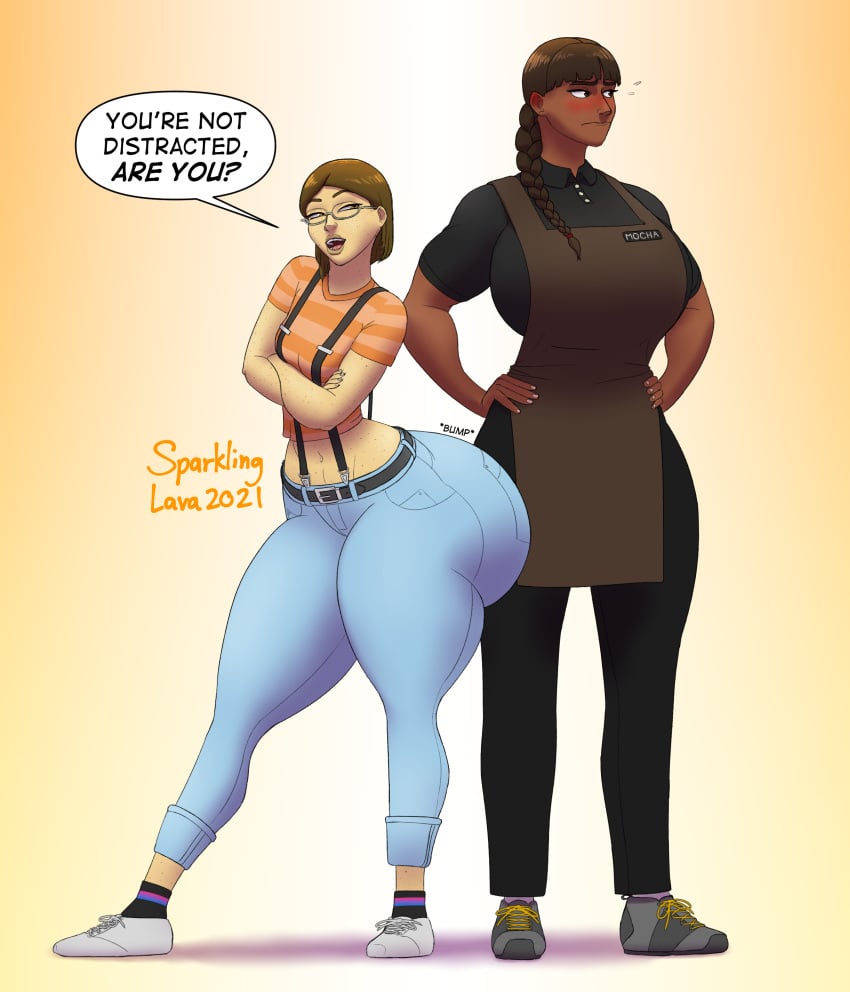 2021 2girls apron carolina_(sparklinglava) female_focus height_difference huge_ass huge_breasts mocha_(sparklinglava) sparklinglava tagme talking_to_another text