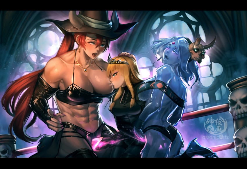 abs arsonichawt blonde_hair blue_eyes blush breast_sucking breasts earrings elbow_sleeve fff_threesome fingering green_eyes group_sex hat highres horns jewelry lactation large_breasts monster_girl muscular muscular_female original red_hair saliva skull slime_girl textless_version thighs threesome tiara witch_hat yuri