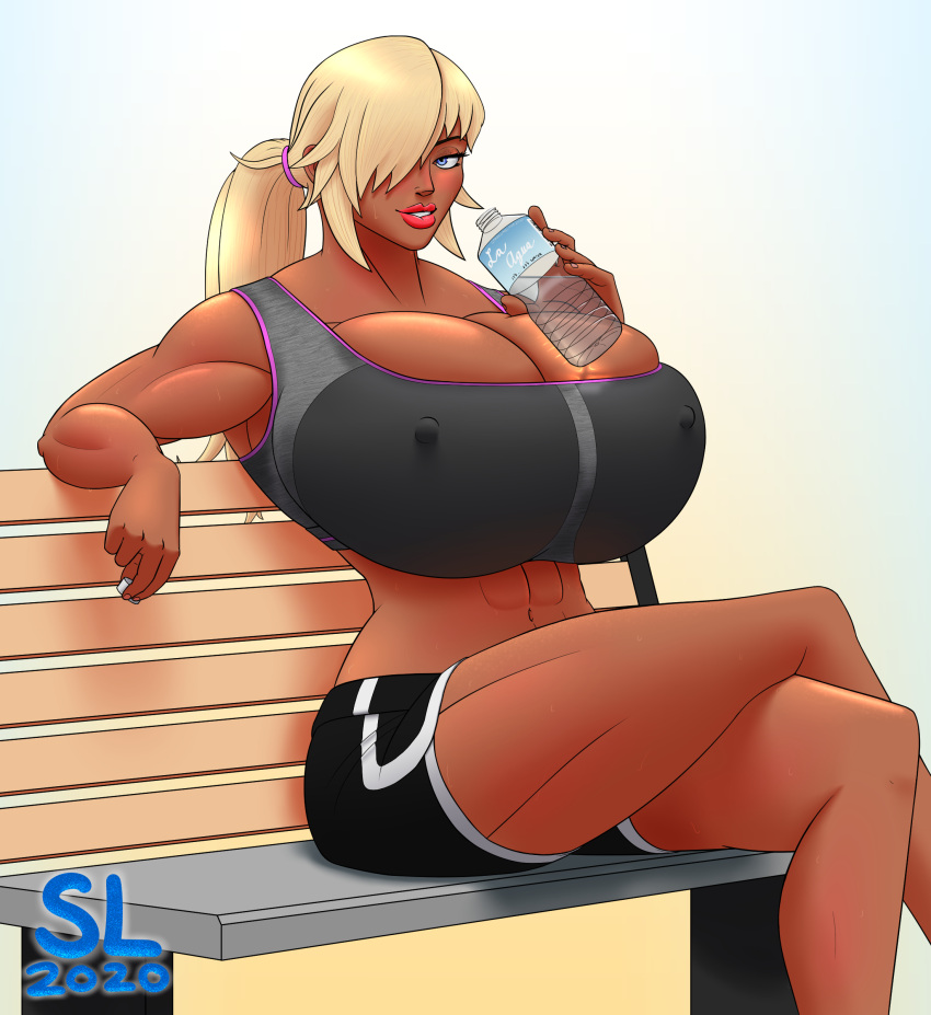 2020 abs bench blonde_hair bra clothed female female_only huge_breasts looking_at_viewer ponytail sitting_down sitting_on_bench sparklinglava sports_bra tagme water_bottle