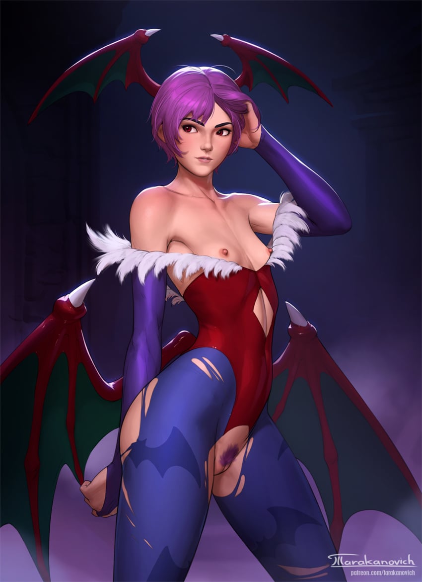 1girls areolae bare_shoulders bat_print bat_wings cleavage clothing crotchless darkstalkers erect_nipples female female_only flat_chest head_wings leotard lilith_aensland looking_to_the_side nipples pantyhose pubic_hair purple_hair pussy red_eyes short_hair solo standing succubus succubus_costume tarakanovich torn_clothes wings