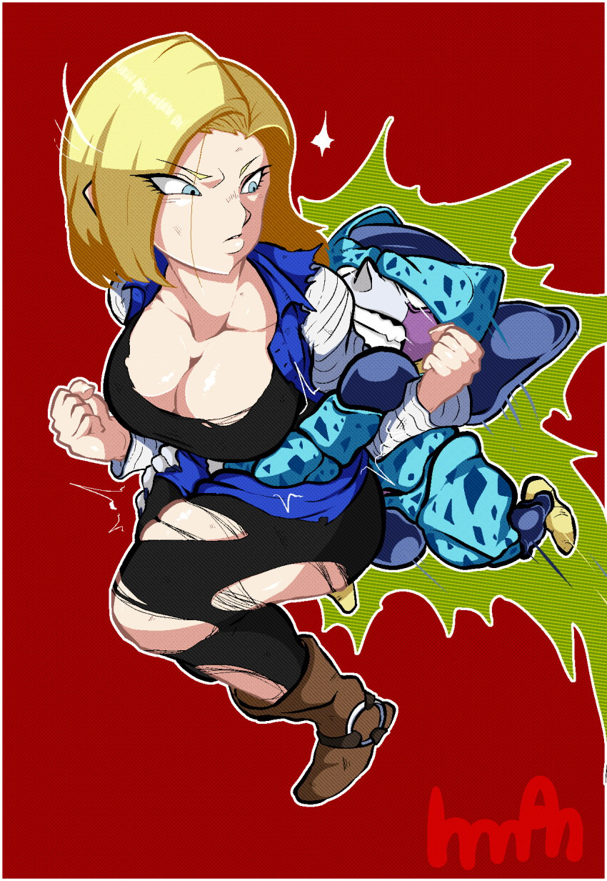 android_18 blonde_hair cell_junior dragon_ball dragon_ball_z female hman interspecies male sex