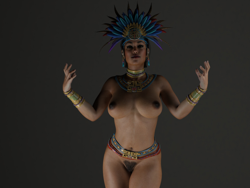 1girls 3d aztec belt bracelet dark-skinned_female haddixx headdress large_breasts looking_at_viewer neckwear original original_character pubic_hair pussy