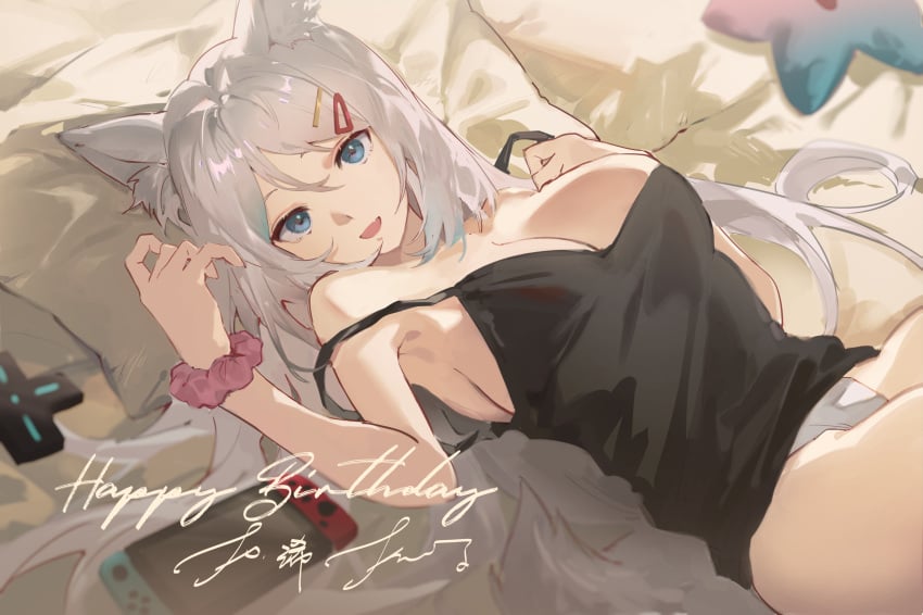 :d armpits bare_shoulders big_breasts blue_eyes breasts cleavage detailed_background female_only fox_ears greeting_card laying_down laying_on_bed long_hair looking_at_viewer meridian_project mizuki_(vtuber) nintendo_switch on_bed sideboob strap_slip tank_top tsuiru underwear virtual_youtuber white_hair