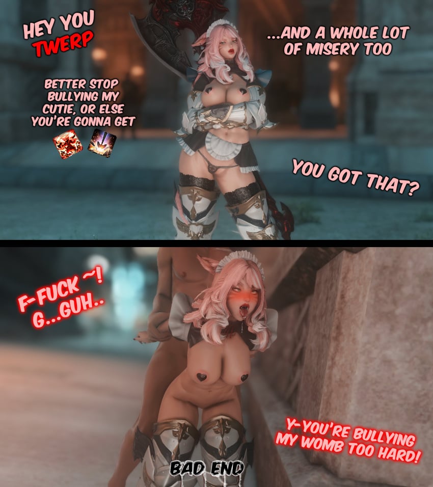 2koma bad_end defeated domination final_fantasy final_fantasy_xiv from_behind gpose(ffxiv) grabbing instant_loss instant_loss_2koma maid_headdress miqo'te naughty_face nipple_pasties pinkcattemommy tagme tongue_out