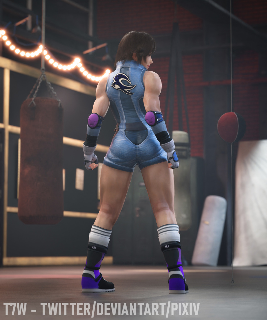 3d absurdres ass boots brown_hair female fingerless_gloves gloves gym highres kazama_asuka locker midriff muscular muscular_female pose punching_bag solo solo_focus tekken tekken7wallpapers tekken_7 thick_thighs thighs