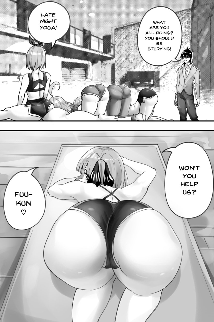 1boy 5girls ass ass_up big_ass big_butt bloomers buruma dialogue english_text eye_contact female go-toubun_no_hanayome greyscale gym_shorts hair_ornament hair_ribbon huge_ass leggings long_hair looking_at_viewer minishorts monochrome nakano_ichika nakano_itsuki nakano_miku nakano_nino nakano_yotsuba o22no quintuplets short_hair shorts sisters speech_bubble text thick_thighs thighs top-down_bottom-up uesugi_fuutarou wide_hips yoga_pose