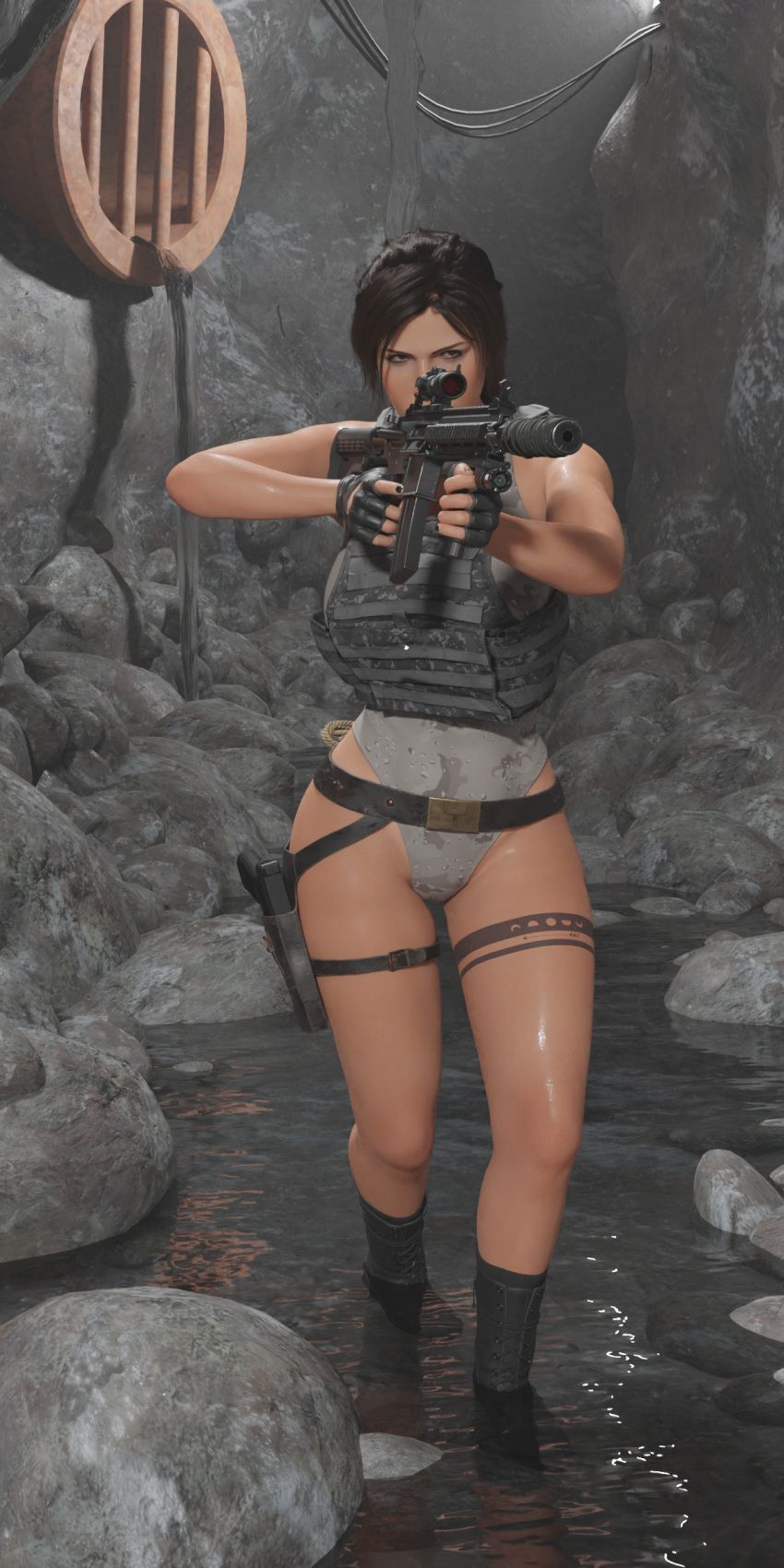 1girls 3d blender breasts brown_hair female green_eyes gun huge_breasts lara_croft lara_croft_(survivor) large_breasts long_hair ponytail posing rifle sfw sicipo6908 solo suppressor tattoo thick_thighs thighs tomb_raider wide_hips