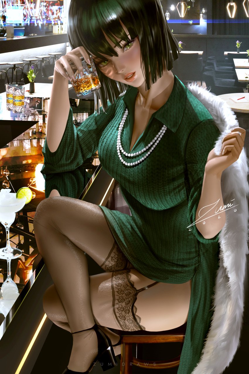 1girls absurd_res alcohol alcoholic_drink artist_name artist_signature bar big_breasts blush bob_hair breasts busty clothed clothing coat collarbone covered_breasts crossed_legs cup curvaceous curvy curvy_body curvy_female curvy_figure dark_green_hair dark_hair dress drink eye_contact eyelashes female female_focus female_only front_view fubuki_(one-punch_man) green_dress green_eyes heels heroine highres legs legs_crossed light-skinned_female light_skin lingerie lips lipstick looking_at_viewer medium_hair nails necklace one-punch_man outside pearl_necklace pink_lips pink_lipstick pov pov_eye_contact short_hair sitting sitting_on_chair skirt skirt_lift skirt_up smile smiling smiling_at_viewer solo solo_female solo_focus stockings teasing thick thick_legs thick_thighs thighs voluptuous zumi zumi_(zumidraws)