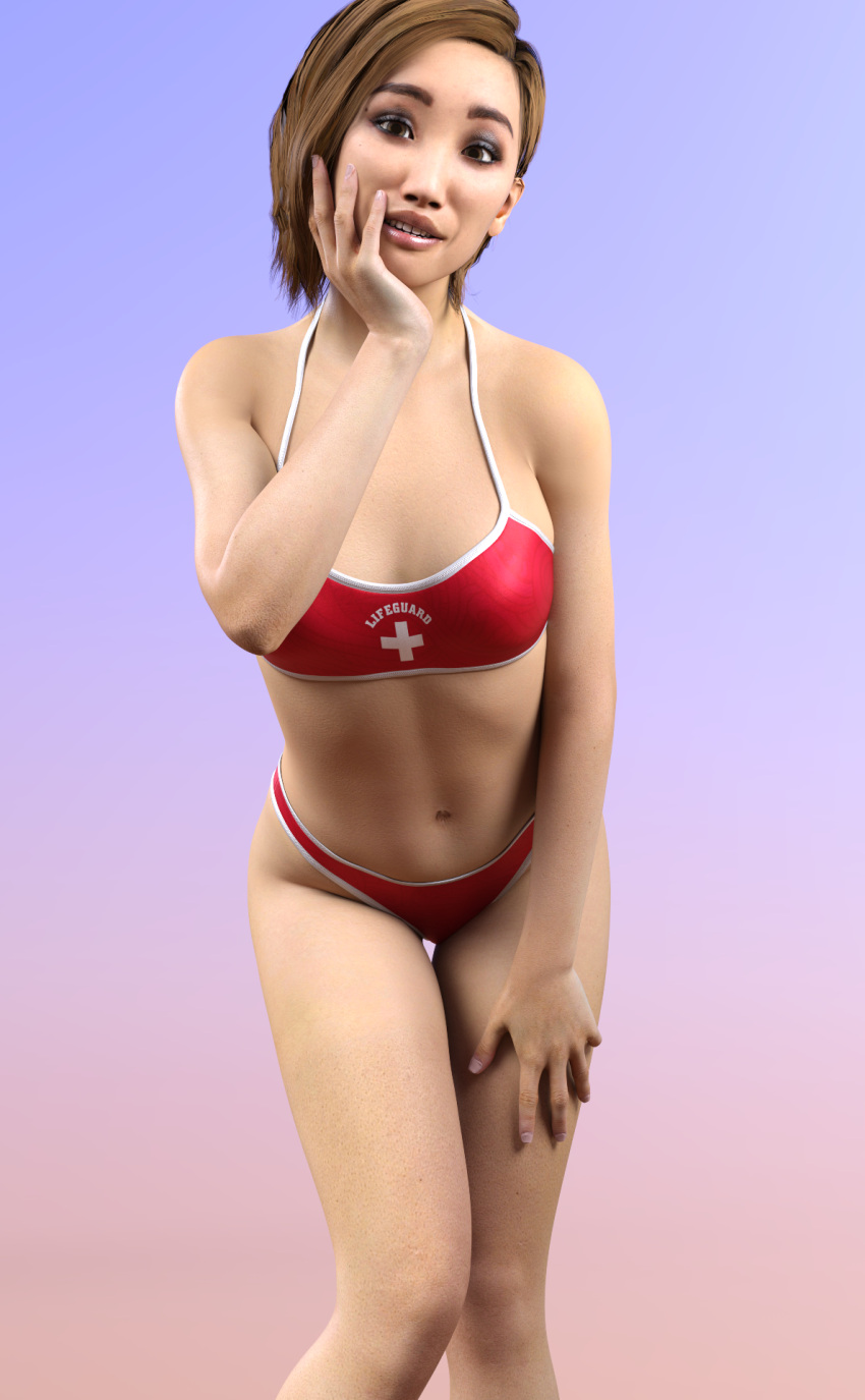 3d asian asian_female athletic athletic_female big_breasts black_hair breasts brenda_song busty female female_focus female_only hourglass_figure kaitlyn_ka lifeguard lifeguard_swimsuit makeup pinup pinup_pose short_hair solo tagme the_quarry vtemp wide_hips