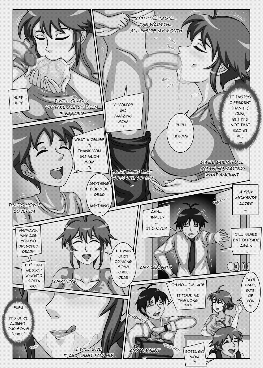 age_difference black_and_white blowjob cheating comic dialogue english english_text fellatio hlord_recona incest large_breasts mother mother_and_son netorare original original_characters peeing piss_drinking pissing_in_mouth urine