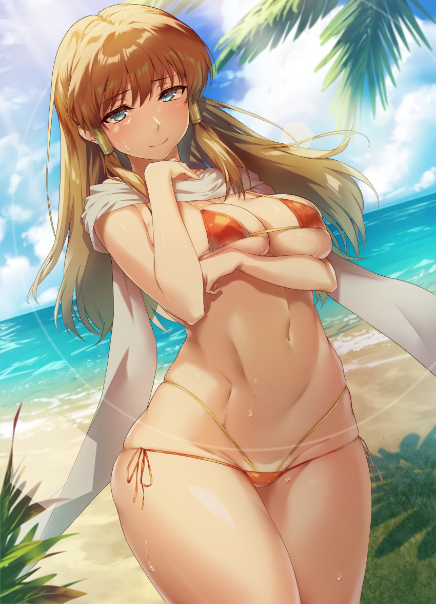 1girls absurdres alternate_costume beach bikini blue_eyes blush breast_hold breasts brown_hair commission female female_only fire_emblem fire_emblem:_radiant_dawn groin highleg highleg_bikini highres long_hair looking_at_viewer medium_breasts micro_bikini mist_(fire_emblem) multi-strapped_bikini navel ocean orange_bikini orange_swimsuit outdoors palm_tree red_bikini red_swimsuit sajittari scarf second-party_source side-tie_bikini skimpy_bikini smile solo string_bikini swimsuit tree two-tone_bikini wet white_scarf