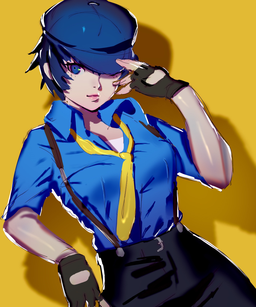 1girls androgynous atlus big_breasts blue_eyes blue_hair blue_shirt breasts datcravat female female_only fingerless_gloves handwear headwear highres human pale_skin persona persona_4 shirogane_naoto tomboy yellow_background