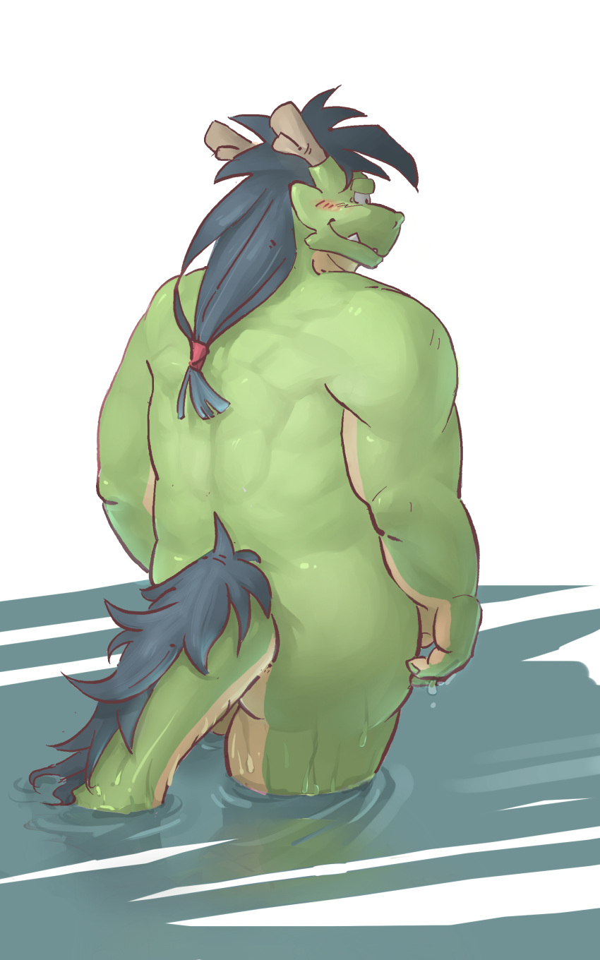 2017 absurd_res anthro asian_mythology ass blue_hair blush countershade_armpits countershade_legs countershade_tail countershade_torso countershading dragon east_asian_mythology eastern_dragon green_body green_scales hair hi_res horn lindong long_hair male morenatsu muscular muscular_male mythology partially_submerged ponytail rear_view scales simple_background slightly_chubby slightly_chubby_male smile snaggle_tooth solo tail_tuft tan_body tan_scales tatsuki_(morenatsu) tuft video_games visual_novel wet white_background