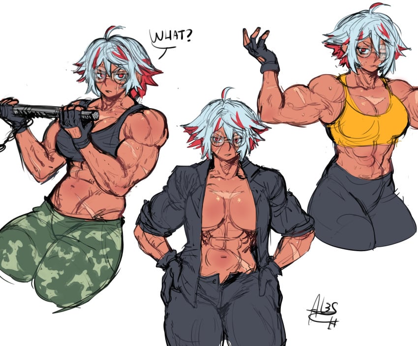 al3s big_breasts breasts female flexing flexing_bicep glasses huge_biceps large_breasts muscular_female original original_character red_highlights scar shionne_(al3s) tagme tight_clothing weightlifting white_hair workout workout_clothes