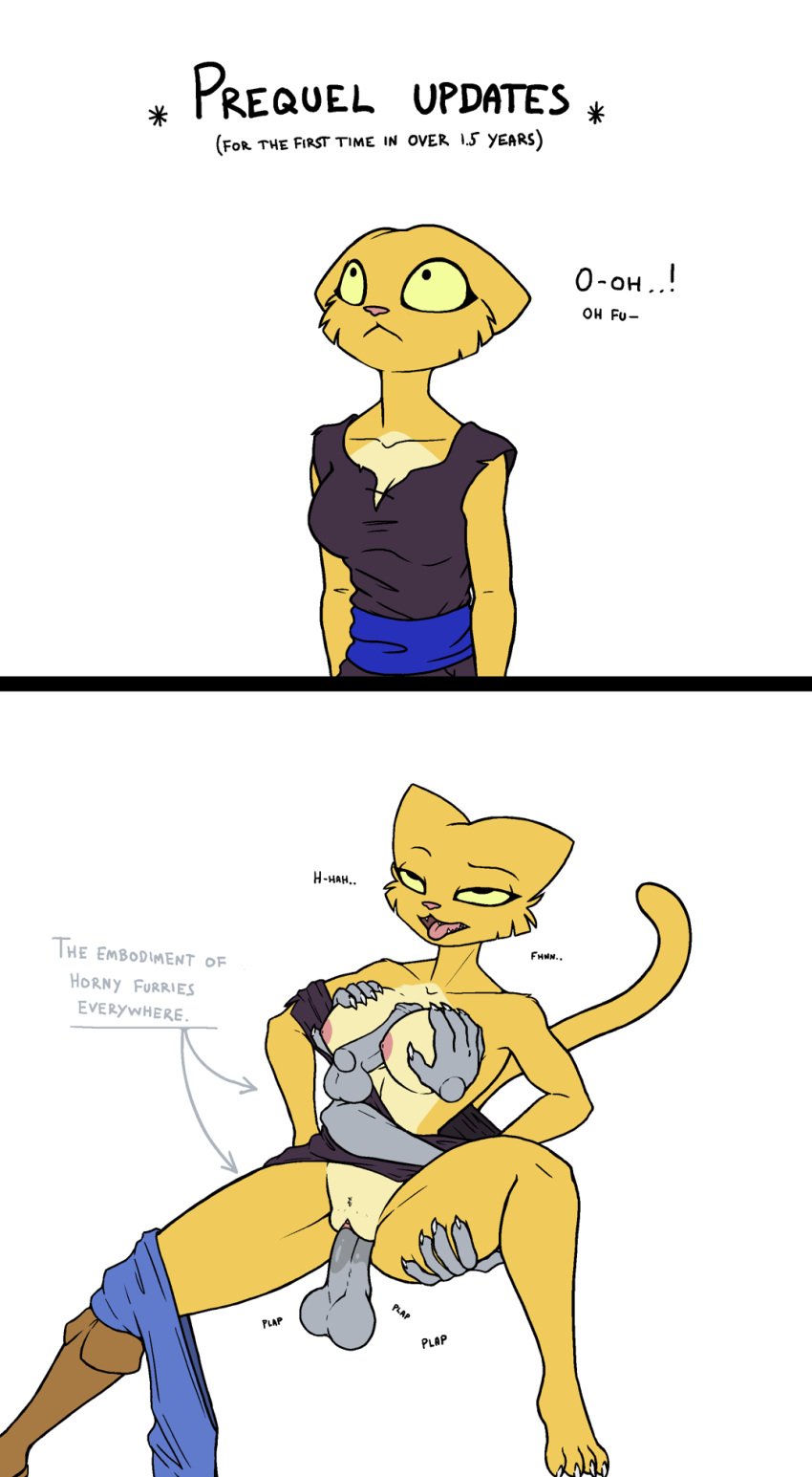 anthro bethesda_softworks breast_grab breast_play breasts clothed clothing comic disembodied_hand disembodied_penis felid female fucked_silly genitals gravyfox group hand_on_breast hi_res instant_loss_2koma katia_managan khajiit male male/female mammal paizuri partially_clothed penetration penis prequel prequel_adventure sex tail text the_elder_scrolls titfuck titjob trio two_panel_image vaginal_penetration video_games webcomic yellow_fur