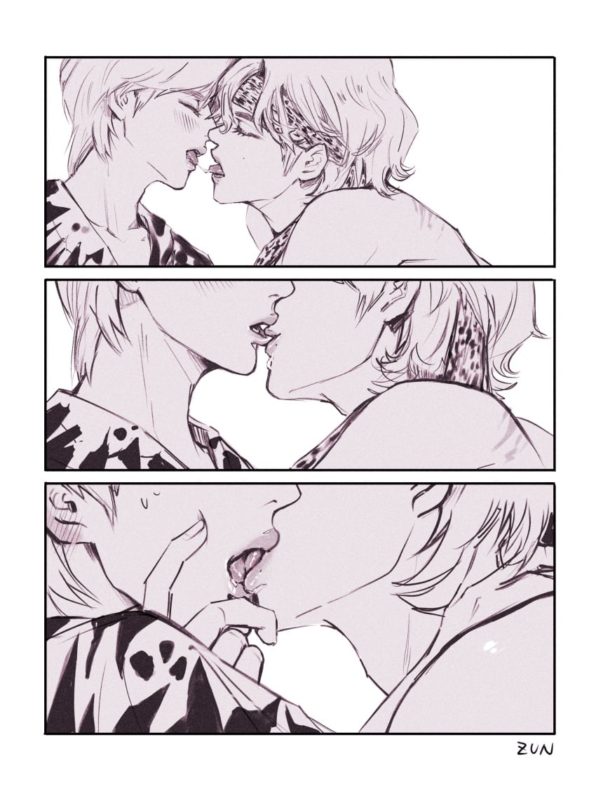 2boys asian asian_male big_lips black_and_white bts closed_eyes gay kim_seok_jin kim_tae_hyung kissing korean male male_only monochrome naked saliva skinny skinny_male tagme tongue tongue_out white_body yaoi