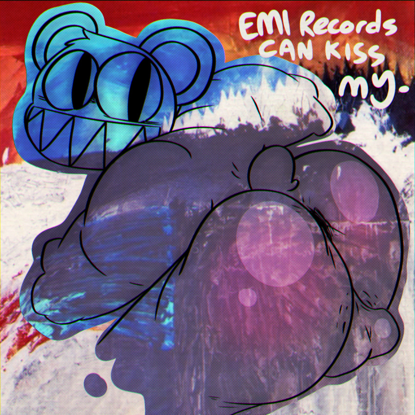 anthro anus ass backsack balls band_mascot big_ass detailed_background dogeoisie english_text grin male modified_bear music_(culture) music_mascot radiohead_(band) radiohead_bear sharp_teeth solo solo_male tail ursid