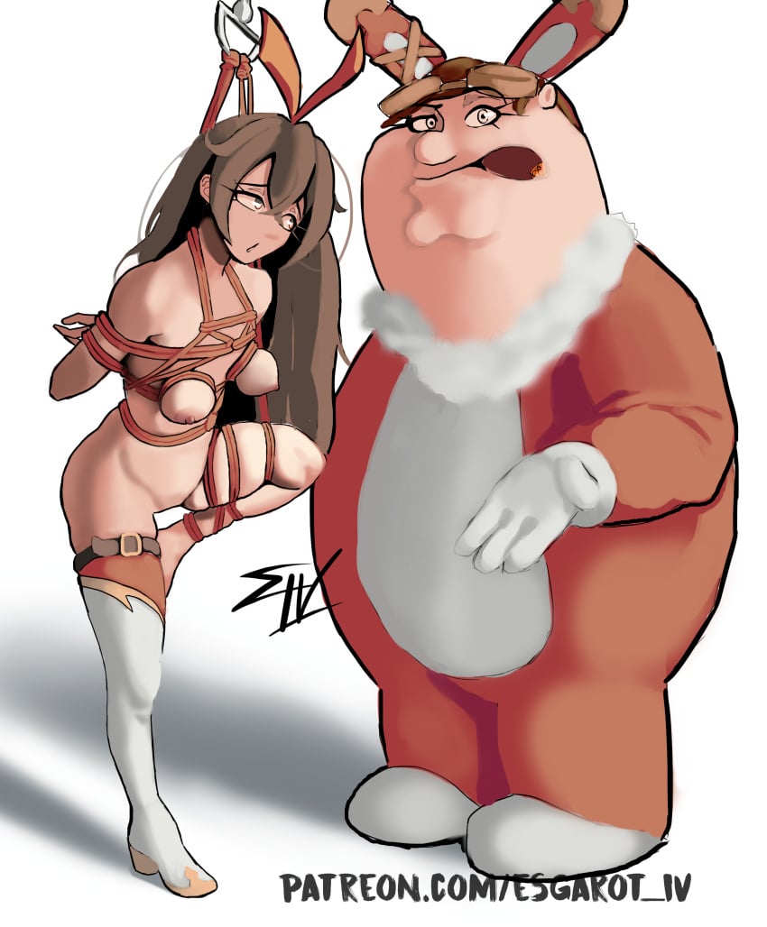 1boy 1girls amber_(genshin_impact) baron_bunny_(genshin_impact) belly bondage boots bow breasts brown_eyes brown_hair bunny_ears bunnysuit crossover eastern_and_western_character esgarot_iv family_guy female genshin_impact legs long_hair male meme nipples nude nude_female one_leg_up peter_griffin rope rope_bondage shitpost smoking standing_on_one_leg thighs