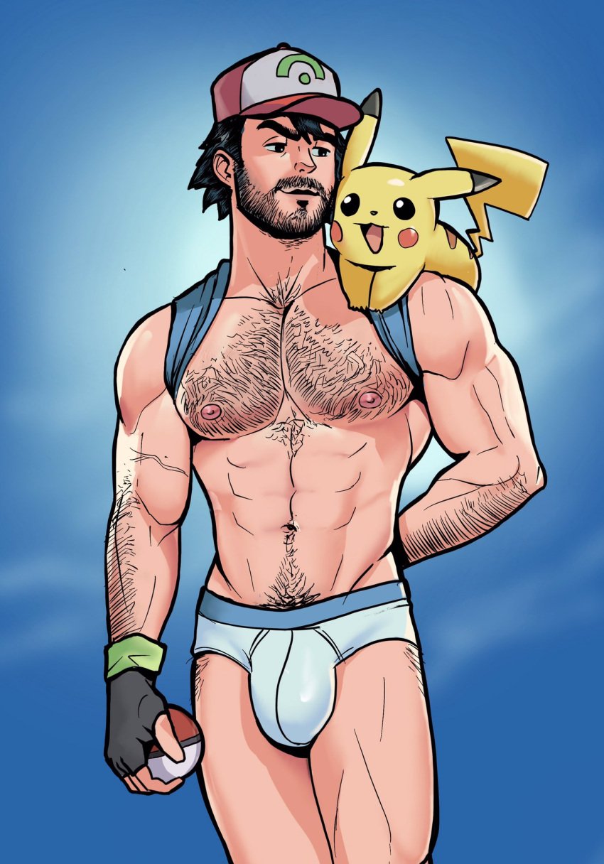 aged_up ash_ketchum big_bulge bulge codyfordart east_asian east_asian_male hairy huge_bulge male male_only muscles muscular muscular_male pikachu pokémon_(species) pokeball pokemon satoshi_(pokemon) underwear