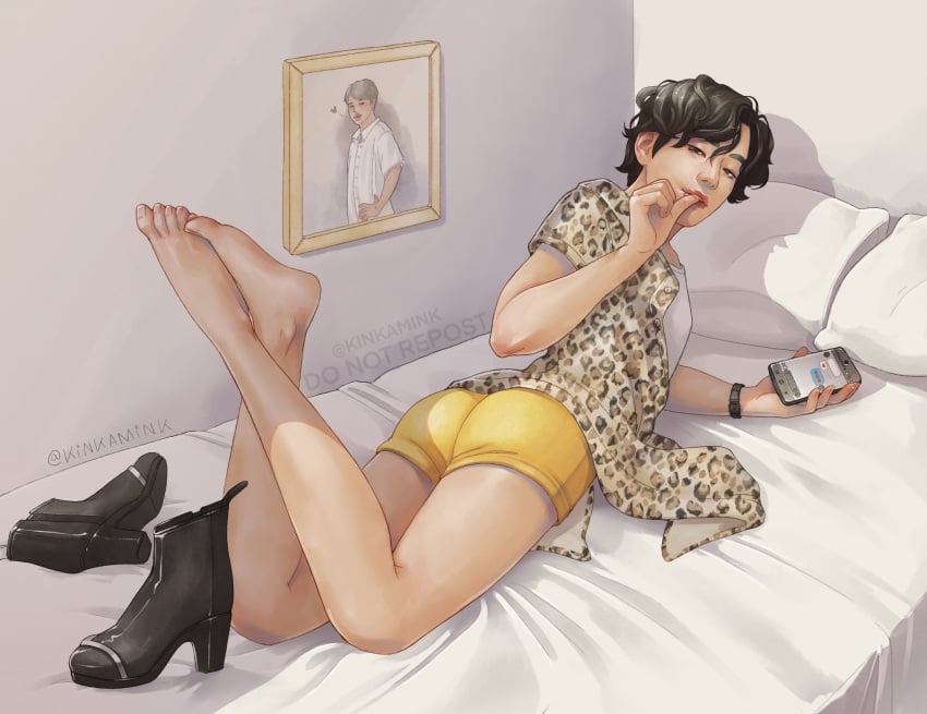 asian asian_male ass bed big_ass big_legs big_lips black_hair bts cellphone gay kim_tae_hyung korean kpop male male_only muscular muscular_male short white_body yaoi