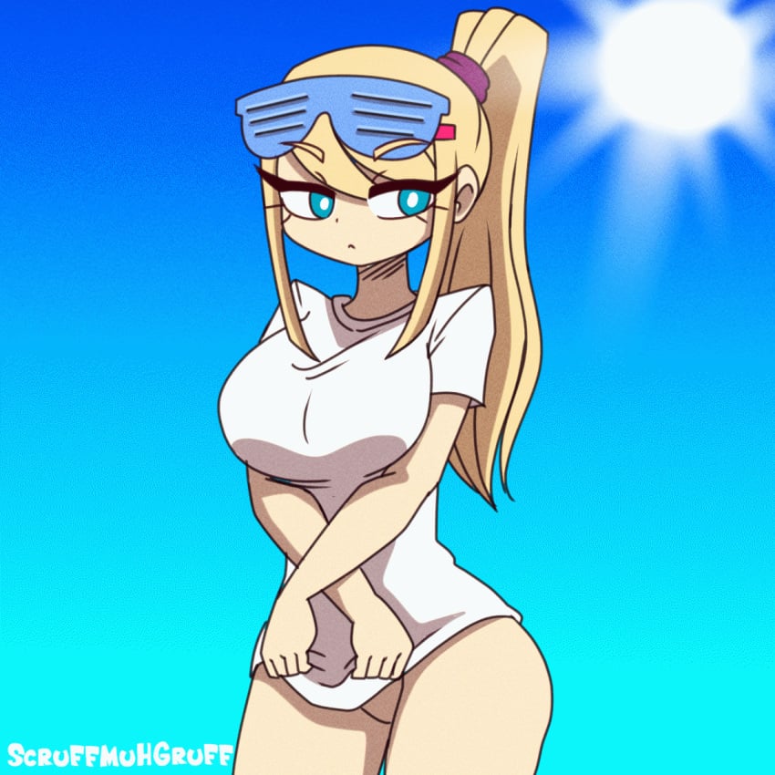 1girls animated artist_name big_eyes blonde_hair blue_eyes flashing metroid ponytail public_exposure public_indecency pussy revealing_breasts samus_aran scruffmuhgruff shirt_lift shirt_only shutter_shades sky_background sun white_shirt