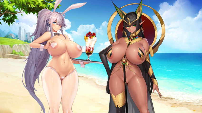 2girls beach big_breasts black_hair blue_eyes blunt_bangs breasts bunny_ears bunny_girl bunnysuit curvy dark-skinned_female dark_skin duo egyptian female female_focus female_only green_eyes huge_breasts large_breasts last_origin light-skinned_female light_skin multiple_girls official_art pointy_ears ponytail reverse_bunnysuit sekhmet_of_death silver_hair t-20s_gnome t-20s_gnome_(bunny_girl_costume) tagme voluptuous wide_hips