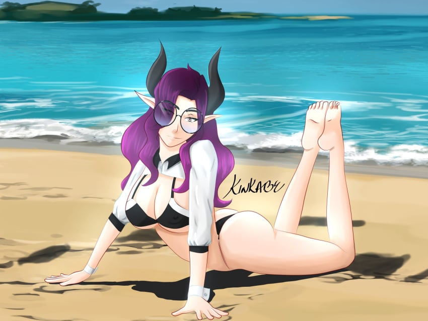 1girls artist_signature beach bikini galath glasses horns kink_abe posing purple_hair roblox roblox_avatar solo solo_female succubus tagme