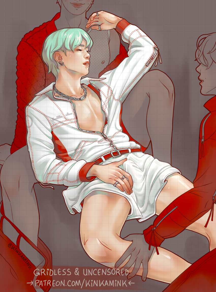 3boys asian asian_male big_penis bts bulge bulge_grab gay green_hair hand_on_leg kim_nam_joon kim_tae_hyung korean male male_only min_yoon_gi naked nipples open_clothes yaoi