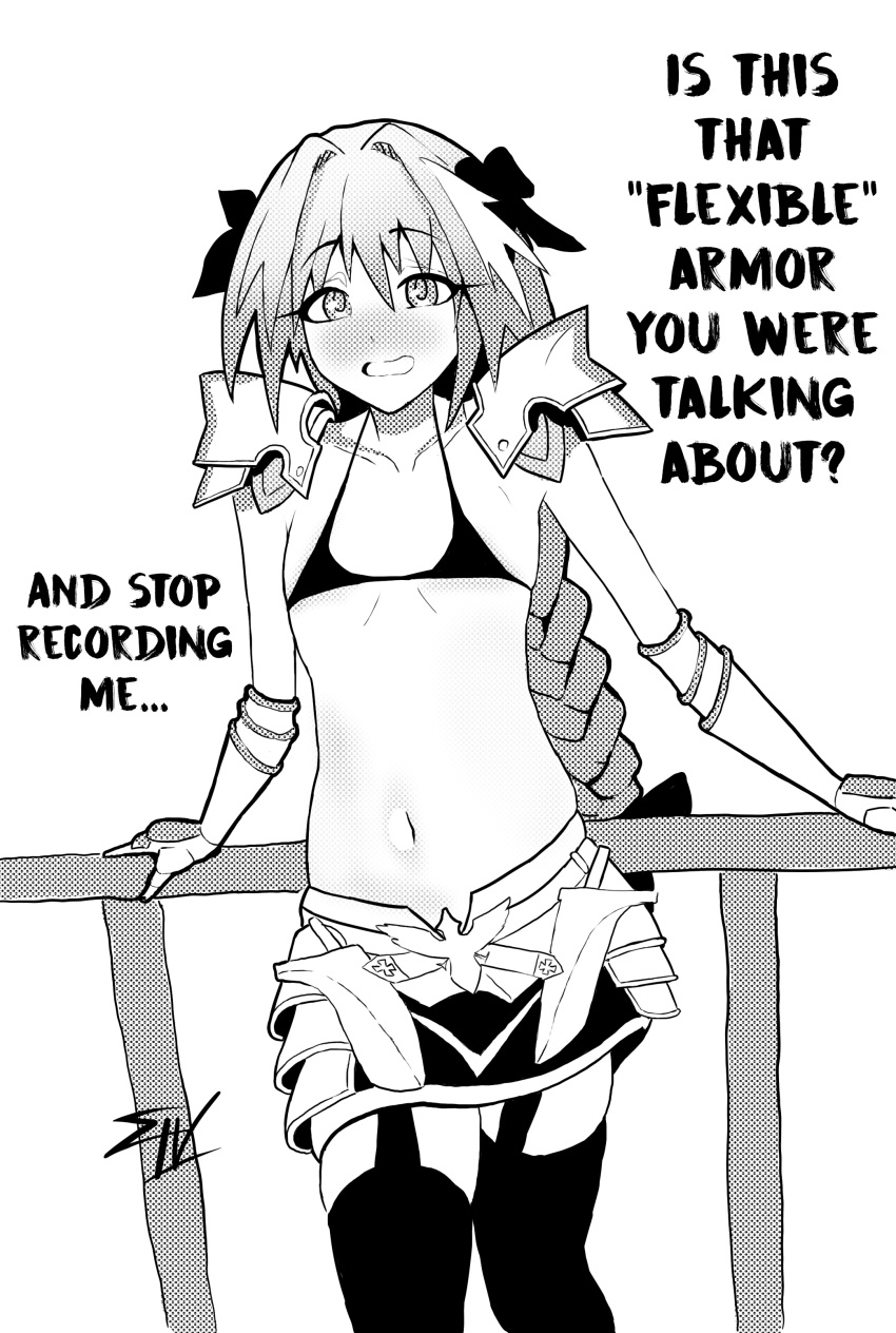 1boy 2022 absurd_res armor astolfo_(fate) bare_shoulders bikini bikini_top blush bow braid clothing crossdressing embarrassed english_text esgarot_iv eyebrows_visible_through_hair fate/apocrypha fate/grand_order fate_(series) femboy garter_straps gauntlets gloves greyscale hair_between_eyes hair_ribbon highlights highres long_hair long_ponytail looking_at_viewer male male_only micro_bikini midriff monochrome navel open_mouth ponytail revealing_clothes ribbon shoulder_pads signature single_braid skirt smile solo talking_to_viewer text thighhighs thighs tied_hair tongue trap very_long_hair wavy_mouth zettai_ryouiki