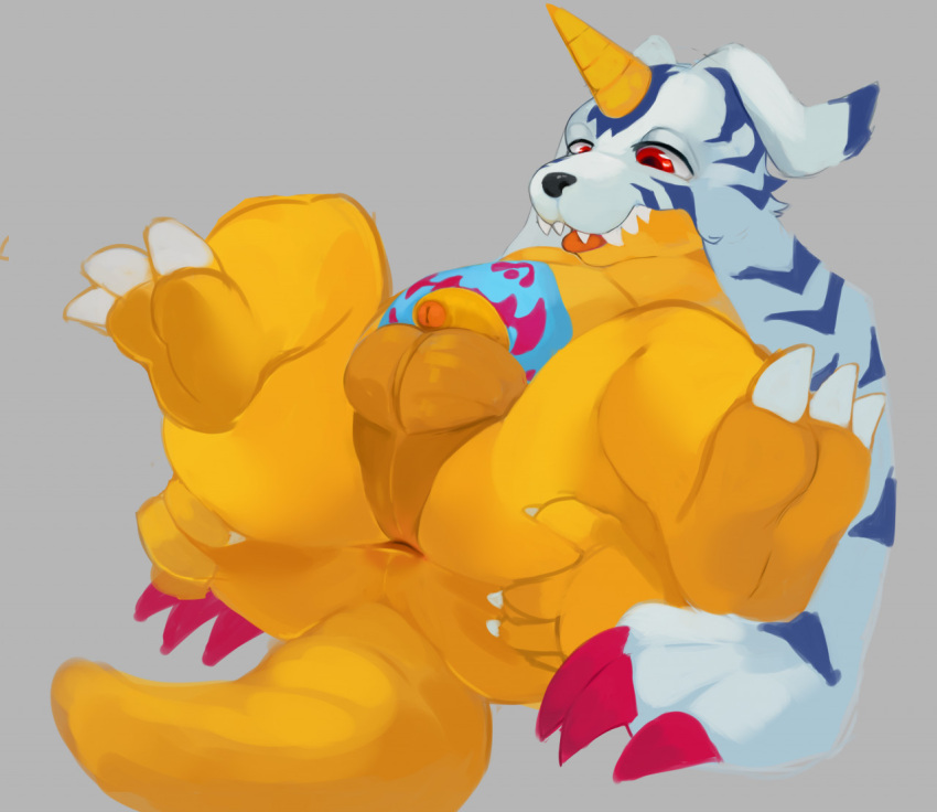 animal_skin anthro anus balls bandai_namco belly claws digimon digimon_(species) flaccid fur gabumon genitals horn male male_only penis perineum red_eyes slightly_chubby solo spread_anus spread_legs spreading striped_body striped_fur stripes xyder yellow_body