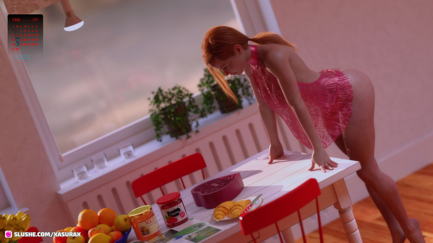 1girls 2022 3d amber_(xasurax) bent_over clothed clothing dining_room dutch_angle female female_only indoors orange_hair original_character ponytail red_hair see-through see-through_clothing slushe_(website) solo solo_female standing window xasurax