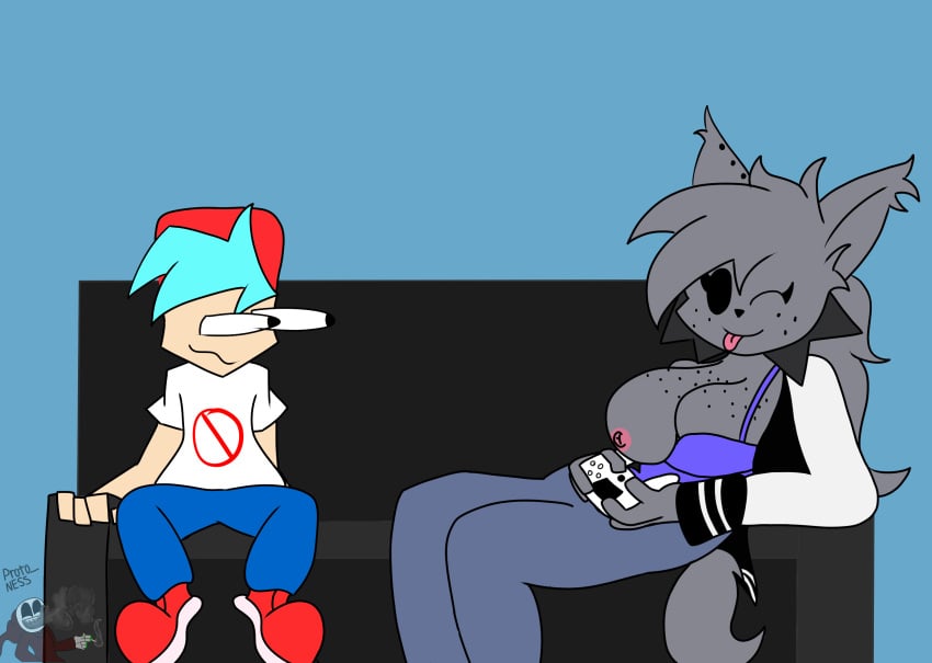 1boy 1boy1girl 1girls anthro blue_hair blush boyfriend_(friday_night_funkin) bra breasts cat_ears cat_girl cat_humanoid cat_tail catgirl couch feline female friday_night_funkin grabbing_ass grey_fur human kapi_(paperkitty) kapikan_(proto_ness) male partially_clothed proto_ness_(artist) red_cap rule_63 socks text watermark wink