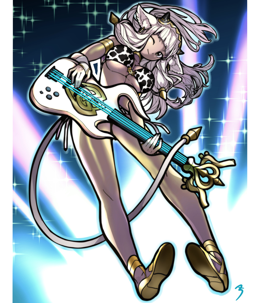 1girls absurdres animal_ears animal_print ash_(fire_emblem) bangs bass_guitar bikini black_horns cow_ears cow_horns cow_print dark-skinned_female dark_skin female female female_only fire_emblem fire_emblem_heroes gold_footwear gold_trim highres horns instrument looking_at_viewer nintendo one_eye_closed print_bikini sbql_(niaunclefan) swimsuit tail white_hair