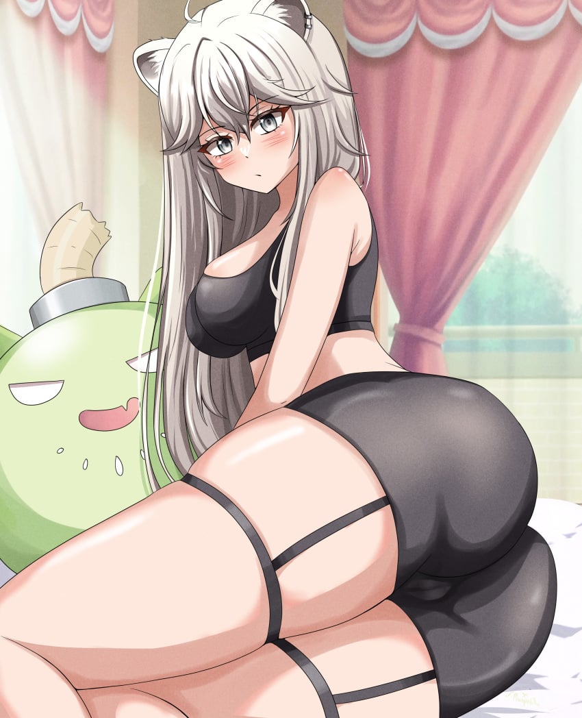 animal_ears ass ass_focus bed bedroom fan_mascot_(vtuber) grey_eyes grey_hair hololive hololive_gen_5 hololive_japan kemonomimi large_breasts lion_ears lion_girl looking_at_viewer looking_back lying_on_bed miwapeito shishiro_botan solo_focus ssrb virtual_youtuber