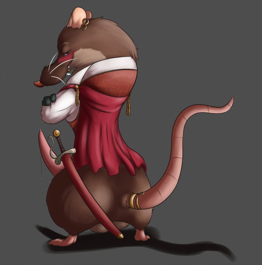 animal_genitalia anthro armello balls big_balls bodily_fluids brown_body brown_fur cloak clothing crossed_arms ear_piercing emenius erection fur genital_fluids genitals hi_res jewelry looking_at_viewer male mammal melee_weapon mercurio_(armello) murid murine pantsless penis piercing precum rat rear_view rodent shirt solo sword topwear video_games weapon wide_hips