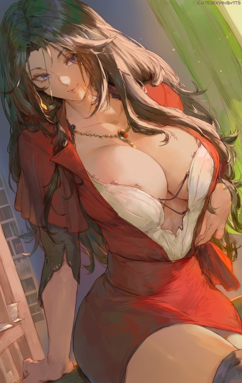 1girls 2022 absurd_res areola_slip artist_signature breasts brown_hair cattleya_baudelaire cleavage clothed clothed_female cutesexyrobutts female female_only huge_breasts long_hair looking_at_viewer necklace necklace_between_breasts purple_eyes smile stockings violet_evergarden