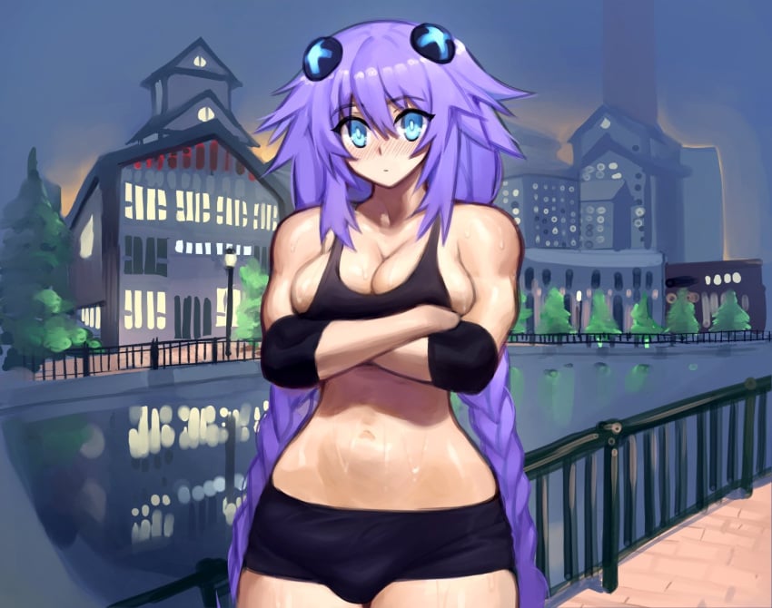 1futa arms_on_breasts big_breasts breasts bulge choujigen_game_neptune cleavage clothed embarrassed flaccid fully_clothed futa_only futanari human large_breasts light-skinned_futanari light_skin long_hair looking_at_viewer mostly_nude necrosmos neptune_(neptunia) neptunia_(series) penis purple_hair purple_heart_(neptunia) short_shorts shorts sideboob solo standing twintails