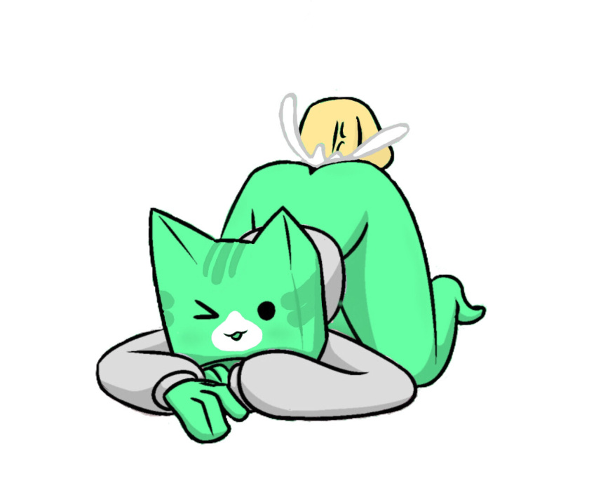 1boy 1girls cat_icon catgirl cube_98_(geometry_dash) cum cum_inside disembodied_penis female geometry_dash green_fur green_skin juniper_gd traced yellolight