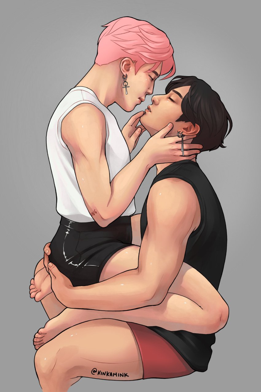 2boys asian asian_male big_arms big_legs black_hair bts ear_piercing gay gay_sex hands_on_face jeon_jung_kook kissing korean kpop male male_only muscular muscular_male park_ji_min pink_hair shorts white_body yaoi